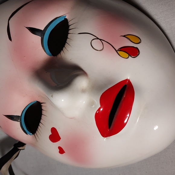 Vintage Hand Painted Ceramic Carnival Wall Mask Tear and Heart Design - Picture 2 of 6